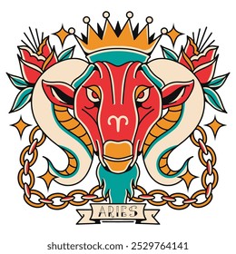 Aries zodiac vector design, astrology graphic poster, horoscope and constellation t-shirt design, retro tattoo style. Zodiac t-shirt design