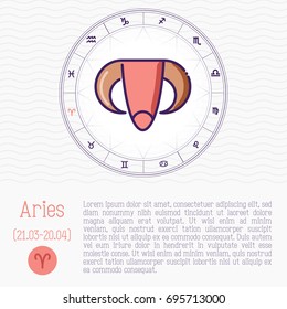 Aries in zodiac wheel, horoscope chart with place for text. Thin line vector illustration.
