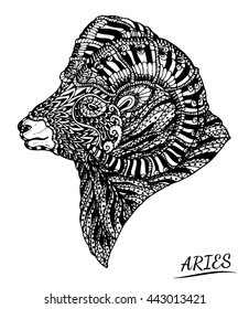 Aries of zodiac zentangle by hand drawing.