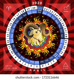 Aries zodiacal circle caledar 2020. Vector astrological illustration