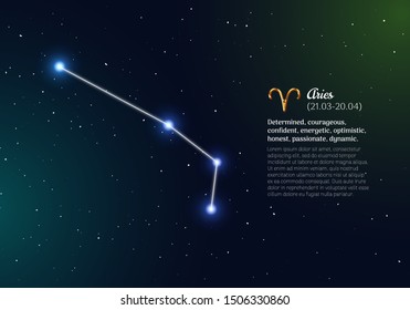 Aries zodiacal constellation with bright stars. Aries star sign and dates of birth on deep space background. Astrology horoscope prediction with unique positive personality traits vector illustration