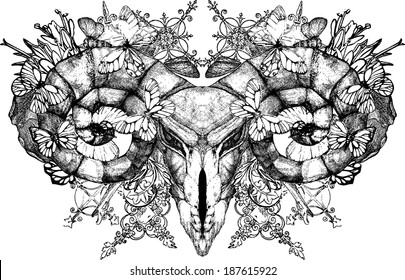 Aries.skull with horns. Gothic skull .animal skull with flowers.animal skull with butterflies