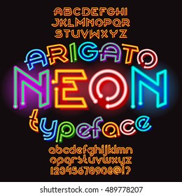 Arigato color neon typeface. Round neon font set. Vector font