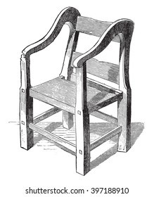 Ariosto chair preserves in Ferrara, vintage engraved illustration. Magasin Pittoresque 1869.