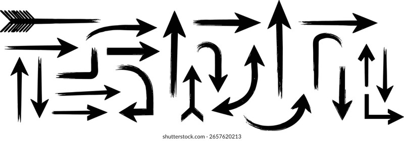 Varias flechas curvas dibujadas con pincel atrevido. Colección doodle marcador flechas gruesas en diferentes direcciones. Punteros de dirección de Vector dibujados a mano.