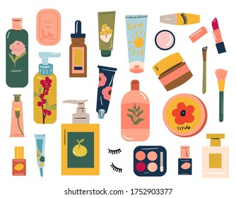 arious skin care - beauty product. creams, lipstick, lotion, nail polish, mascara, sponge. Face and body care concept. Cleansing, moisturizing, treating. Hand drawn modern vector illustration set. 