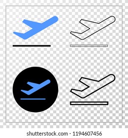 Ariplane takeoff EPS vector pictogram with contour, black and colored versions. Illustration style is flat iconic symbol on chess transparent background.