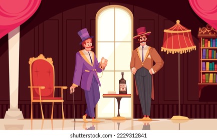 Aristocrat cartoon poster with gentlemen in fancy clothes drinking whiskey vector illustration