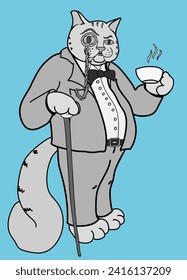 An aristocrat cat (or a rich businesscat), dressed in a suit, with a monocle and with a cane and a cup of tea in his paws (perhaps he is British)