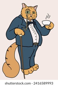 An aristocrat cat (or a rich businesscat), dressed in a suit, with a monocle and with a cane and a cup of tea in his paws (perhaps he is British)