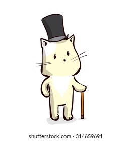 Aristocrat cat at top hat with cane. Hand drawn vector illustration.