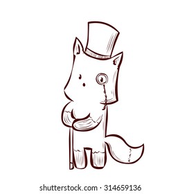 Aristocrat fox at top hat with monocle and cane. Hand drawn vector illustration.