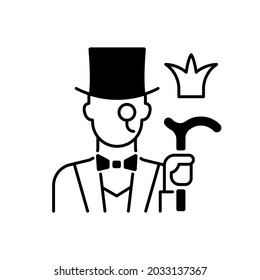 Aristocratic Elite Black Linear Icon. Posh Gentleman With Monocle. Rich Person, Wealthy Victorian Man. Upper Social Class. Outline Symbol On White Space. Vector Isolated Illustration