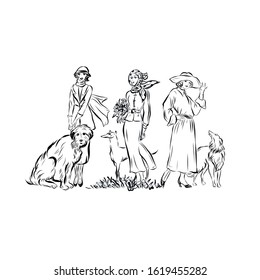 Aristocratic ladies walk with dogs Women from different era dressed in elegant clothes in vintage style. Drawing for coloring. Graphic female silhouette