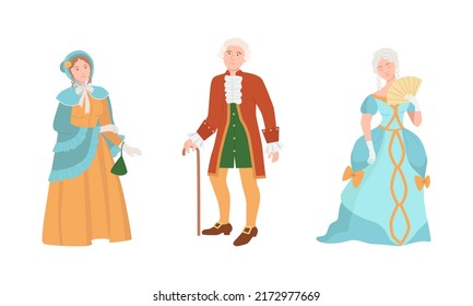 Aristocratic people of Europe of Renaissance period set. People wearing medieval fashion vintage clothes cartoon vector illustration