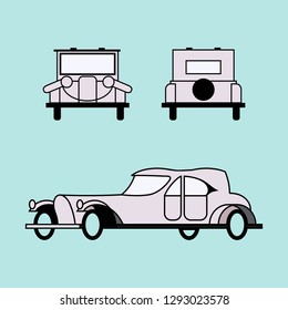 Aristocratic retro car. Isolated elegant car 20s of the twentieth century. Front, back, side view. Concept for infographics, catalogs, information, travel, website, flyer Vector flat illustration