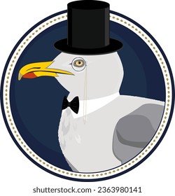 Aristocratic seagull in a top hat, with a monocle, with a collar and a bow tie. portrait closed in dark blue circle 