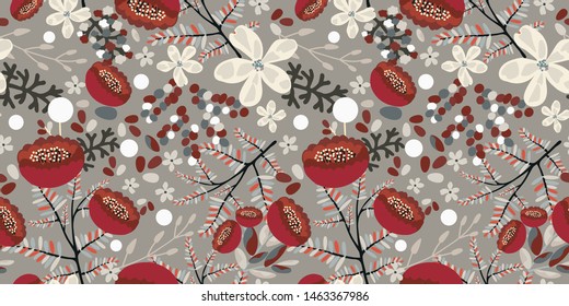 Aristocratic seamless pattern with rich red and white flowers on a light silver background. Floral print in vintage style. Vector hand-drawn illustration. 