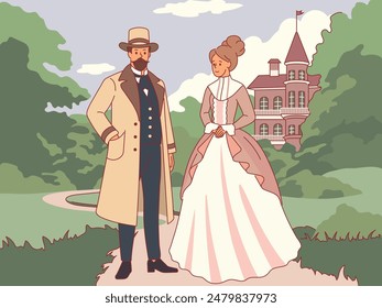 Aristocrats couple on walk. People in vintage clothes on castle background, elegant victorian suit and dress, 19th century britain, man and woman in park, vector cartoon flat isolated concept