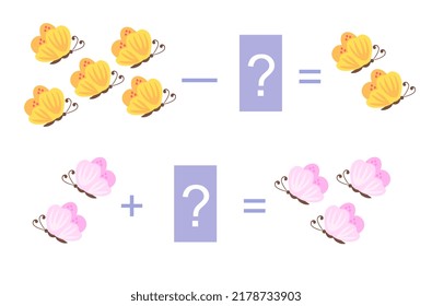 Arithmetische Beispiele für Kinder mit Schmetterlingen. Addition und Subtraktion.