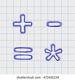 Arithmetic signs drawn by hand in a notebook for exercises. Signs in the form of a plurality of loops. Outline font style. Easy to edit. Signs +,-, =, *