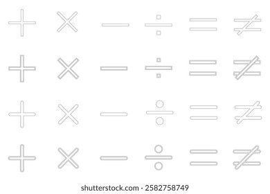 Arithmetic Symbols Set: Plus, Minus, Multiply, Divide, Equal, and Not Equal, Basic Mathematics Operators, Basic Math Symbols, in vector form , just thin strokes