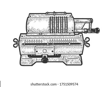 Arithmometer digital mechanical calculator sketch engraving vector illustration. T-shirt apparel print design. Scratch board imitation. Black and white hand drawn image.