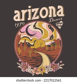 Arizona 1970s desert road trip, Arizona desert state graphic print artwork for apparel, t shirt, sticker, poster, wallpaper and others.