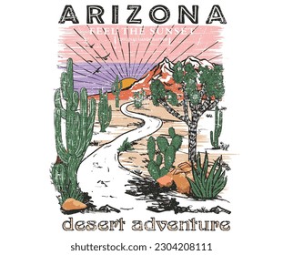 Arizona adventure print design for t shirt. Desert vibes retro artwork for poster, sticker, apparel and others. Joshua tree design.