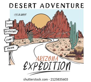 Diseño de impresión vectorial de aventura de Arizona para camisetas, afiches, lotes y otros. Diseño artístico de las vibraciones del desierto de Arizona.