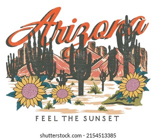 Arizona adventure vector print design. Cactus and sunflower artwork for posters, stickers, background and others. Desert vibes illustration.