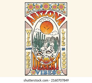 Arizona adventure vector print design. Cactus and sunflower artwork for posters, stickers, background and others. Desert vibes illustration.