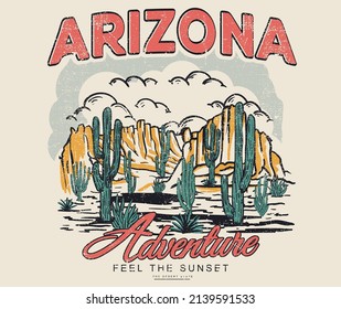 Arizona adventure vintage graphic print design for t shirt. Cactus wild artwork design.