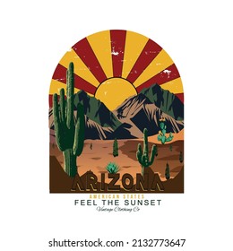 Arizona American States, Desert print design for t shirt, poster, sticker, batch, embroidery and others. Desert vibes vector artwork, Sunrise desert vibes t-shirt design. Retro Arizona vector artwork,