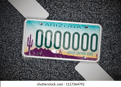 Arizona auto license plate, on the asphalt. Detailed object. Flat vector illustration.