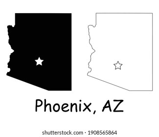 Arizona AZ state Map USA with Capital City Star at Phoenix. Black silhouette and outline isolated maps on a white background. EPS Vector