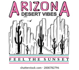 Arizona cactus desert vector design. Outdoor travel artwork for apparel and others. Mountain hand sketch illustration. Adventure tour at the desert island