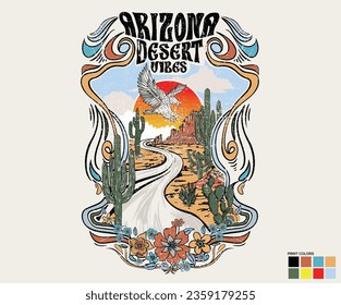 Arizona cactus with flower vector graphic print artwork for apparel, stickers, posters, background and others. Desert retro illustration. Desert dreaming t-shirt design. Eagle fly design.