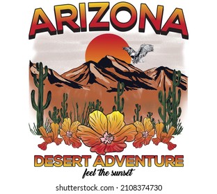 Arizona cactus garden graphic print design for t shirt and others. Mountain and flower vintage artwork.