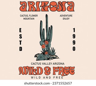 Arizona cactus graphic print artwork for apparel, t shirt, sticker, poster, wallpaper and others. Cactus flower artwork.