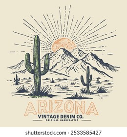 Diseño de camiseta de Vector de línea Cactus de Arizona. ilustración de vibraciones del desierto. Cactus y obras de arte de flores. Parque nacional del desierto, diseño de ilustraciones de camiseta de Arizona. Diseño de impresión gráfica de Vector Desert Vibes para ropa.