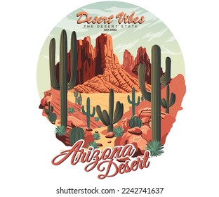 Diseño de camiseta retro vectorial de Arizona Cactus. Obra de arte de vibraciones del desierto.	