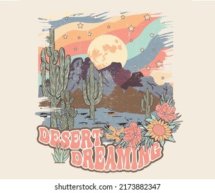 Arizona cactus with sunflower vector graphic print artwork for apparel, stickers, posters, background and others. Desert night view retro vintage illustration. Desert dreaming t-shirt design. 