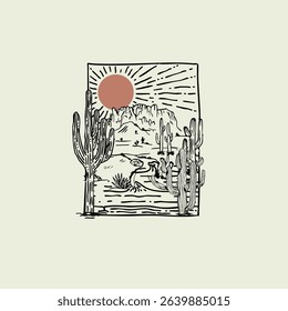 Arizona Cactus Sunrise vector line art vector illustration