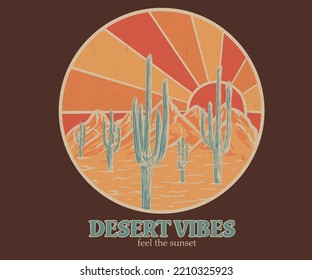 Arizona cactus vintage graphic print design for t shirt. Cactus wild with mountain artwork design. Desert vibes.