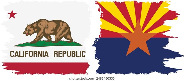 Arizona and California states grunge brush flags connection, vector