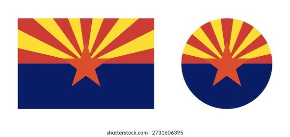 Círculo de Arizona, iconos de la bandera del rectángulo. Conjunto de insignias redondas y rectangulares de la bandera de Arizona. Bandera del Estado de los Estados Unidos.	
