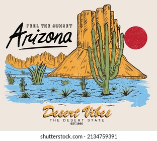 Arizona colorful print design for t shirt. Desert vibes artwork design for sticker, poster, background, fashion and others. 