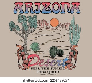 Diseño de papel colorido de Arizona para camiseta. Diseño artístico de vibraciones del desierto para pegatinas, afiches, antecedentes, moda y otros. Diseño vectorial de árbol Joshua.