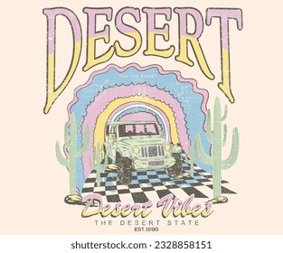 Arizona colorful print design for t shirt. Desert vibes artwork design for sticker, poster, background, fashion and others. Desert road trip.